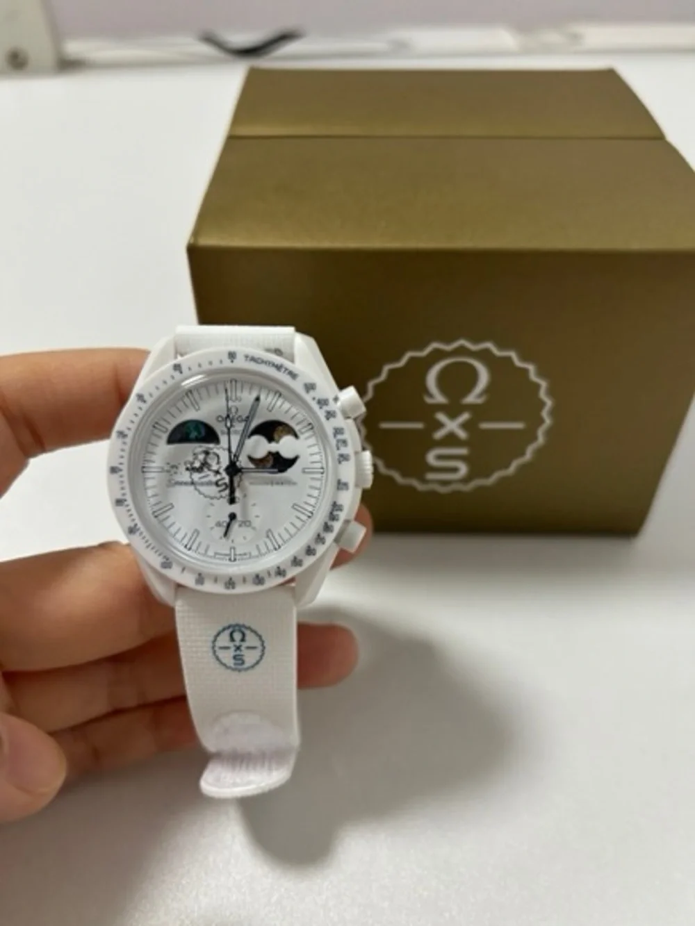 Omega White Men's Chronograph with Moonphase Accents